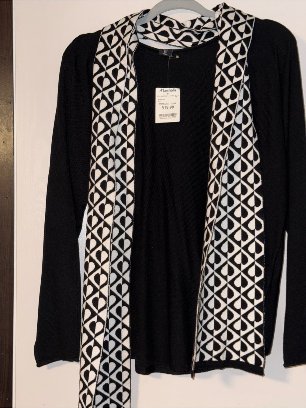 Adrienne Vittadini Black Open Cardigan with Black-and-White Geometric Trim